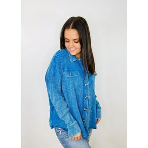 Meet You There Cotton Waffle Acid Wash Oversized Shacket in Ocean Blue